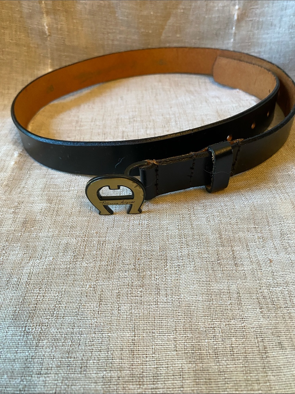 Vintage Etienne Aigner Black Leather Belt with Brushed Gold Logo Buckle